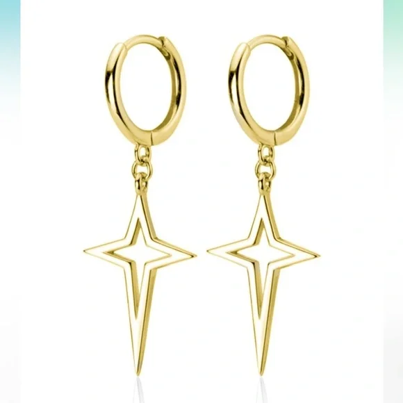 Sterling Silver Hinged Hoop 4 Point Star Cross Drop Hoop Earrings - Picture 1 of 6